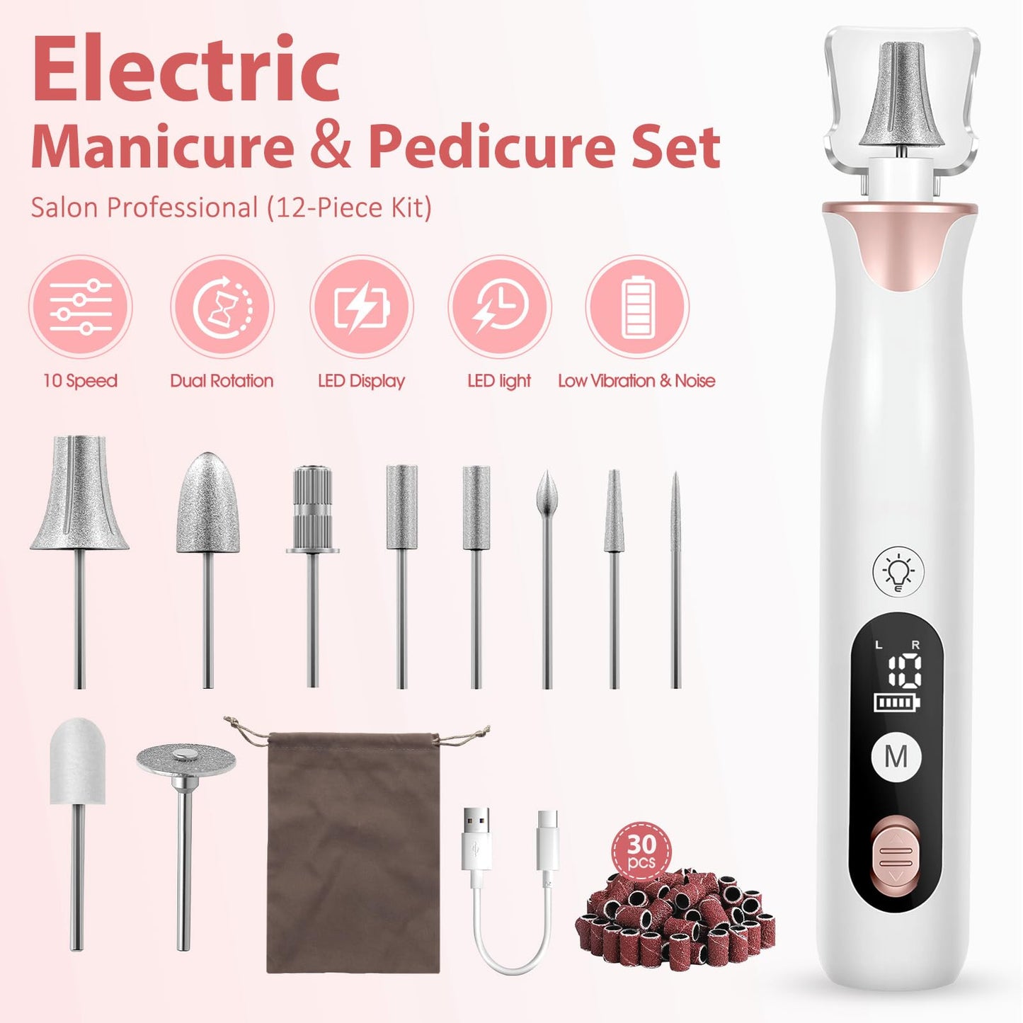 Haootadiy Electric Nail Drill File, Cordless Electric Nail Filer Buffer with Nail Drill Bits Sanding Bands Professional Manicure Pedicure Set for Nail Grind Trim Polish, for Women & Men