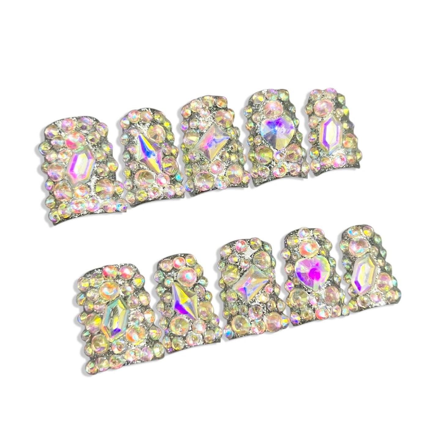 Handmade 3D Iridescent Full Rhinestone Square Press On Nails, Luxury Rhinestone Stage Style Artisan Nails Set, Reusable Glossy Press-ons with Tool Kit(S)