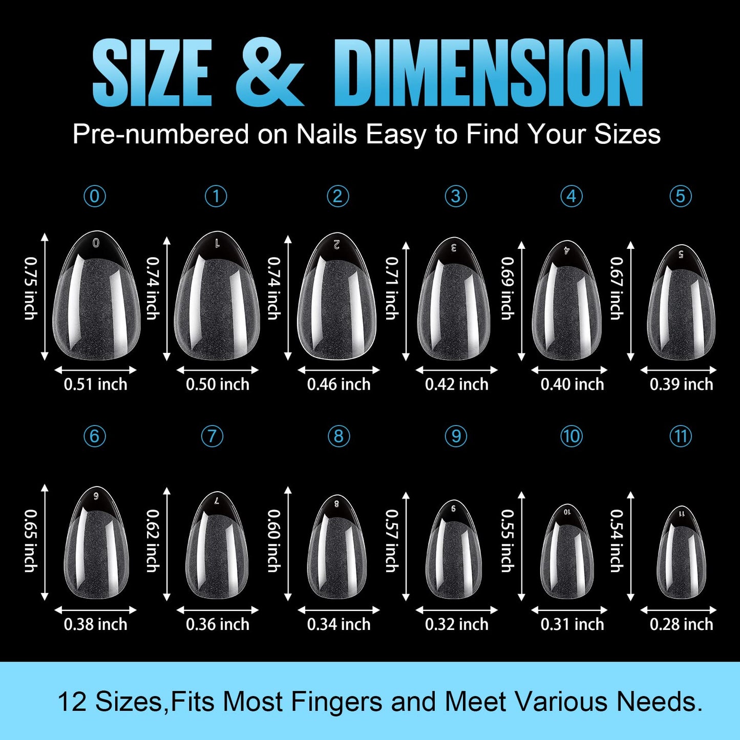 TOMICCA Short Almond Nail Tips,192Pcs Short Nail Tips Fake Nails Acrylic Nail Set, 12Sizes Gel Clear Nails for Nail Extension Home DIY Nail Salon