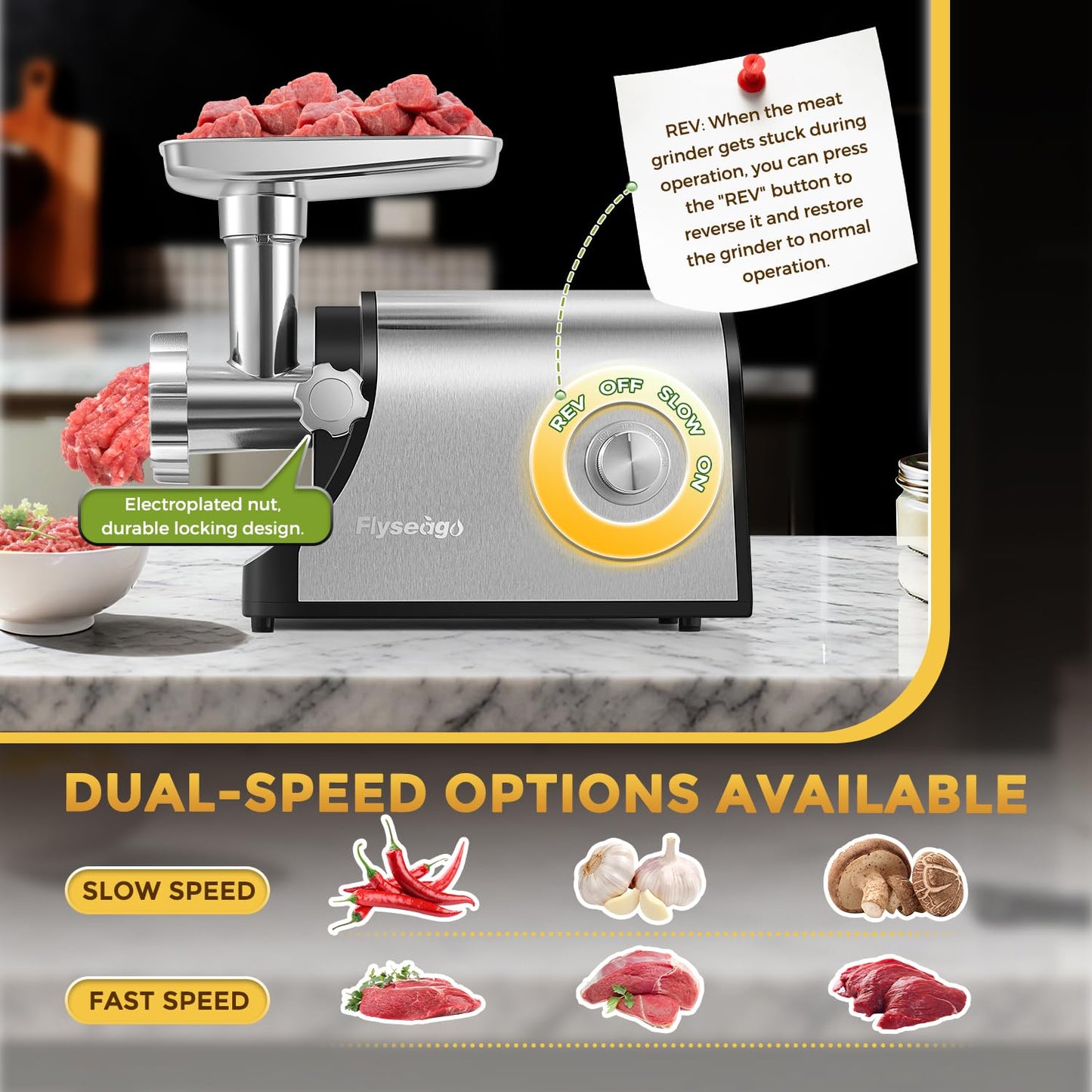 Flyseago Electric Meat Grinder 3200W Heavy Duty Commercial Meat Grinders, Sausage Stuffer, Kubbe Kit with 2 Cutting Blades, 3 Grinding Plates, 3 Sausage Tubes, Metal Gearbox Meat Grinder for Home Use