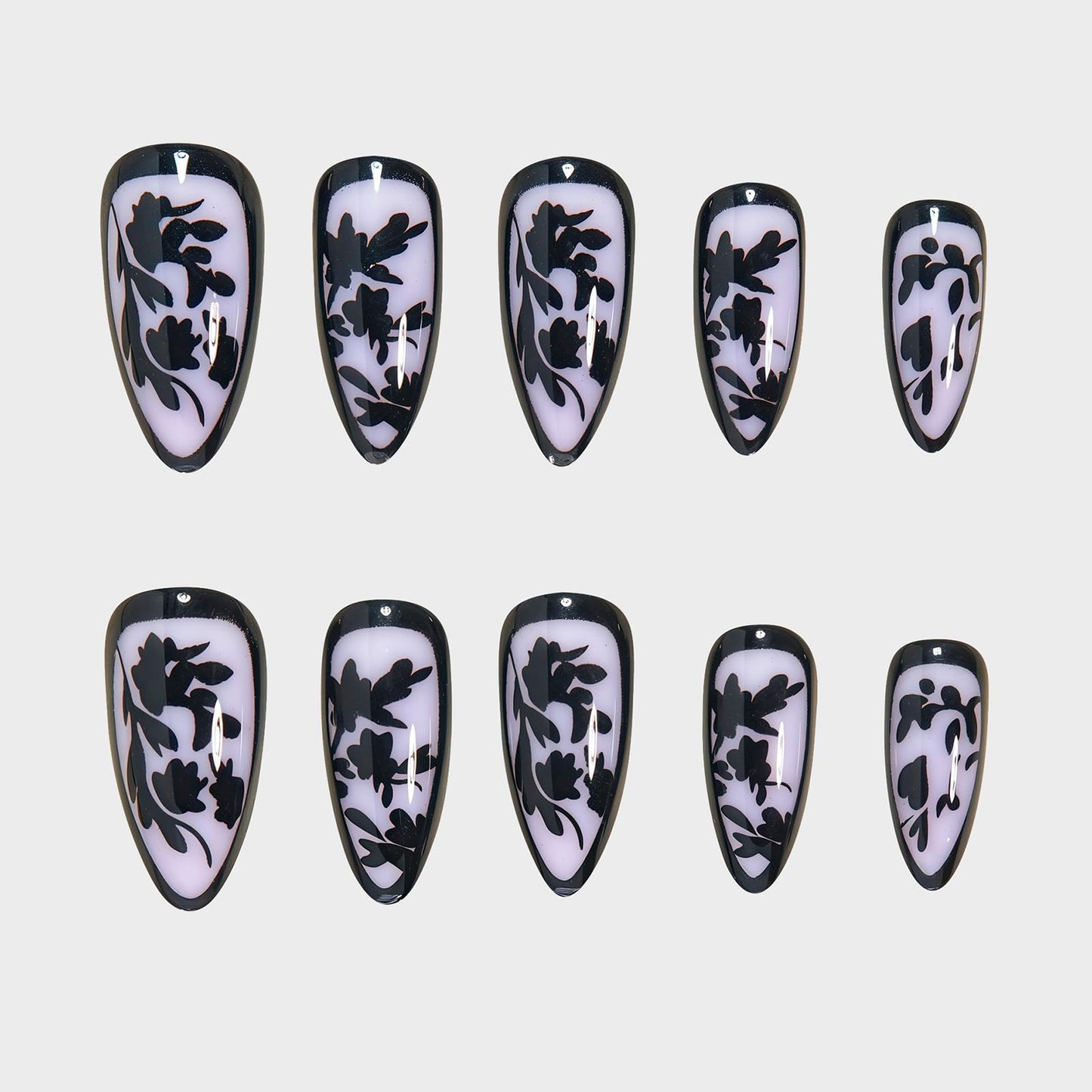 24Pcs Y2k Black French Tip Press on Nails Medium Almond, Goth Floral Designs, Glossy Full Cover Fake Nails, Reusable Glue on Nails with Acrylic Effect,Nude Nails Press ons for Women