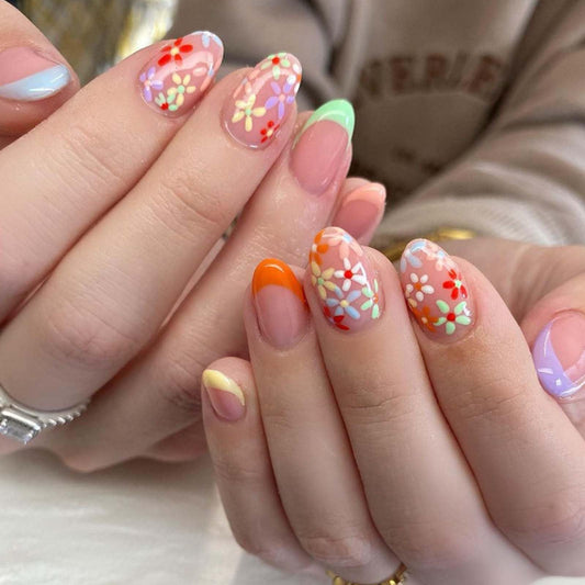 DANMANR Fake Nails Flower Almond Press on Nails Full Cover Acrylic Colorful Short Flase Nails for Women and Girls 24PCS