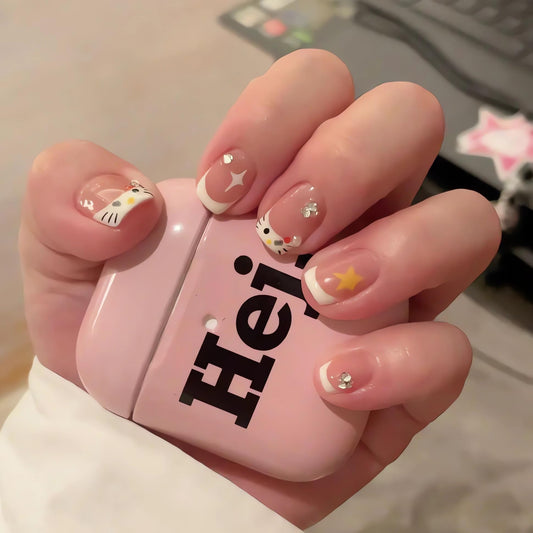 IMSOHOT Short Press on Nails Square Fake Nails White French Tips False Nails with Kitten Print Designs Cute Glossy Rhinestone Star Stick on Nude Nails for Women and Girls
