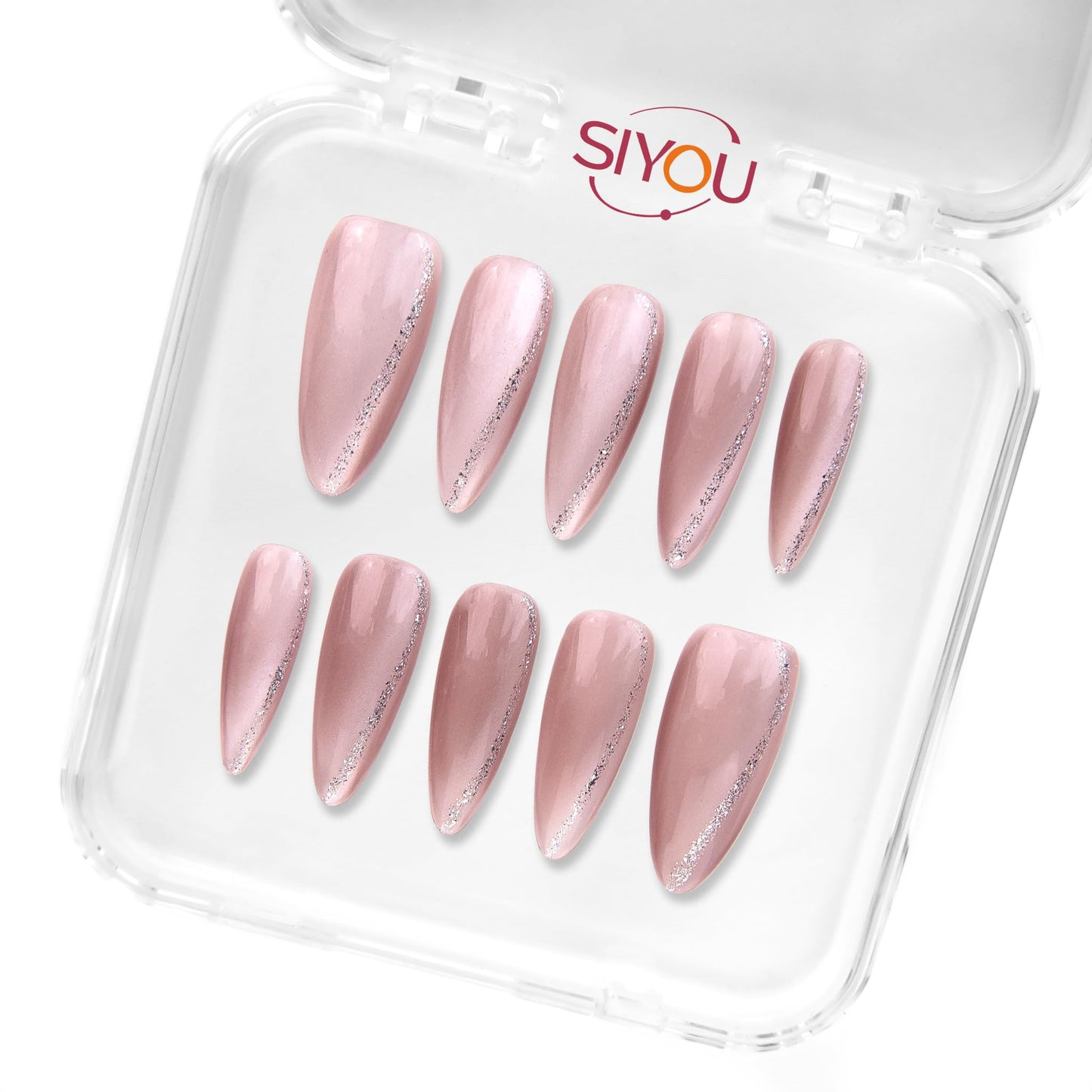SIYOU Beauty | Shooting Star Sky | Pink Glitter Long Almond Press On Nails for Women (Small) - Reusable, Salon-Quality Fake Nails (10pc)