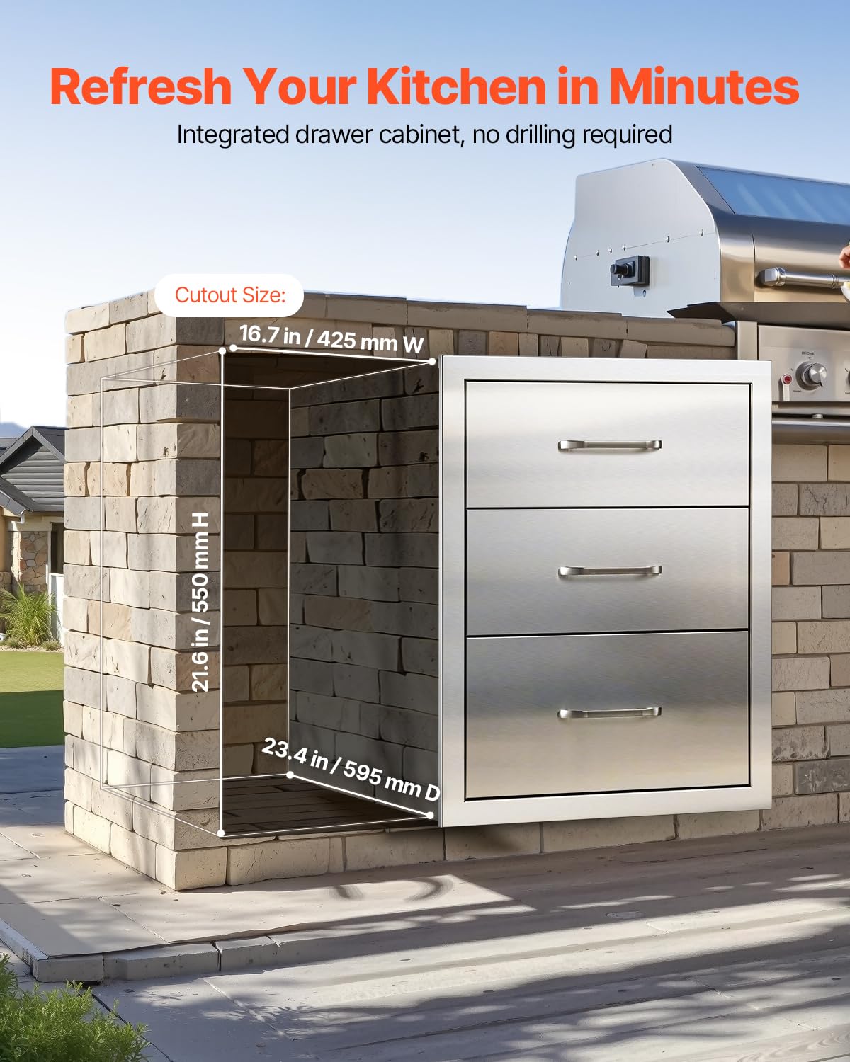 VEVOR Outdoor Kitchen Drawers 18.11"W x 23.23"D x 23.23"H, Triple-Access Stainless Steel BBQ Drawers with Handles, BBQ Island Drawer for Outdoor Kitchens or Barbeque Island Patio Grill Station