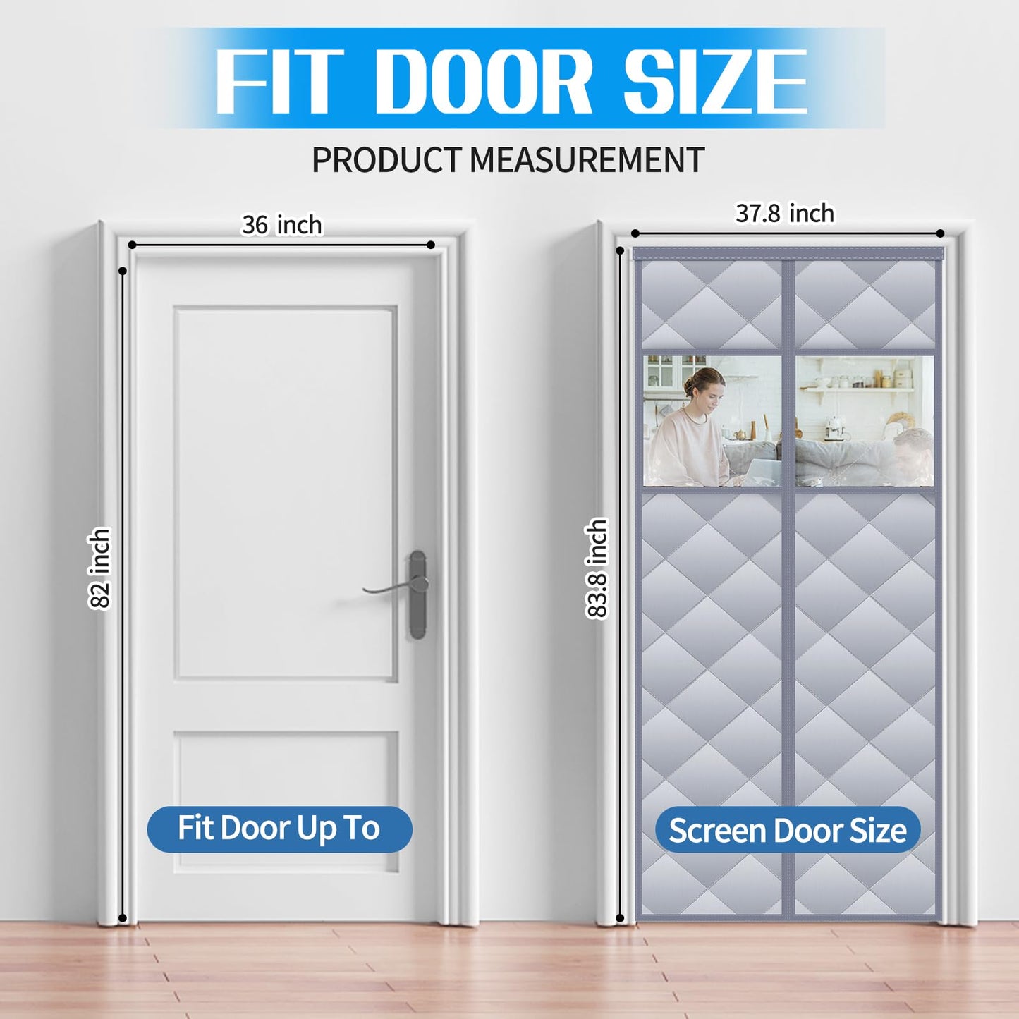Magnetic Thermal Insulated Door Curtain with Detachable Visible Windows, Thicken Polyester Fiberfill & Durable Oxford Fabric, Hands Free Windproof Door Screen, Fits Door Size up to 36" x 82", Grey