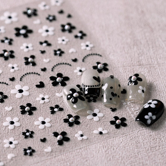 5D Embossed Flower Nail Art Stickers Black White Flower Nail Stickers with Pearl Design Self-Adhesive Nail Decals for Women Girls Spring Summer Manicure DIY Nail Supplies