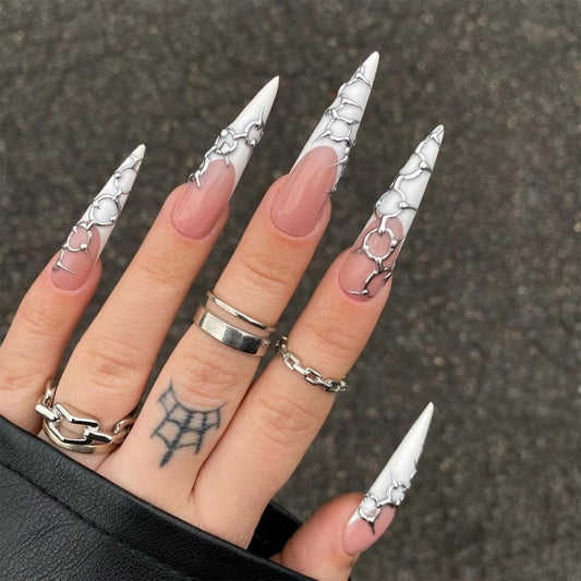 SINHOT Stiletto Press on Nails - Long Fake Nails, Glossy Finish, 3D Silver Chain & White French Tip, Reusable Artificial False Nail Art - 24 Pcs Nail Kit with Glue