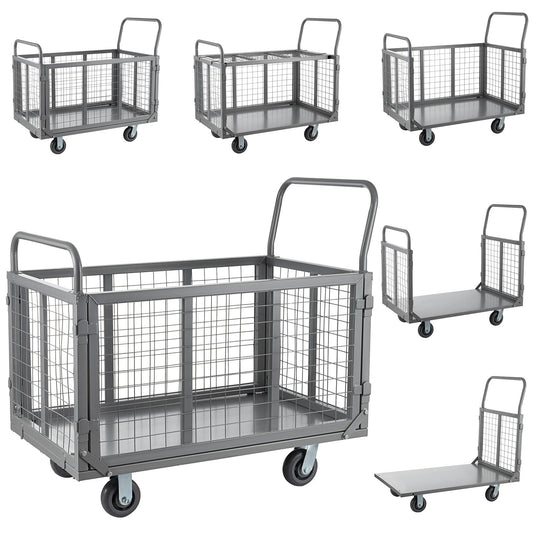 SmarketBuy Platform Truck Cart with Cage, 5 in 1 Heavy Duty Platform Carts with Cage 2000 LBS Capacity Foldable Push Cart Dolly with 5" Casters for Groceries/Garage/Warehouse