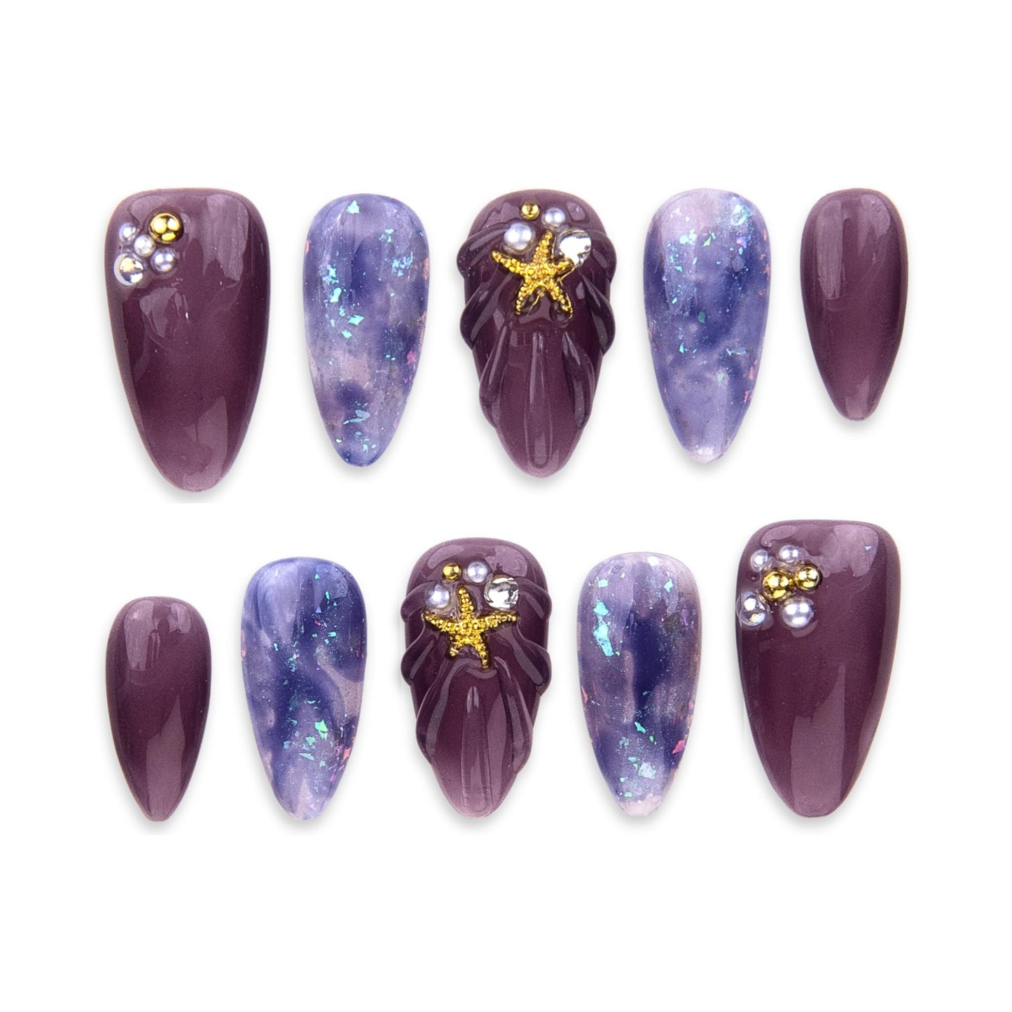SIYOU Beauty | Ocean's Enchant | Purple Mermaid Short Almond Press On Nails for Women (Small) - Reusable, Salon-Quality Fake Nails (10pc)