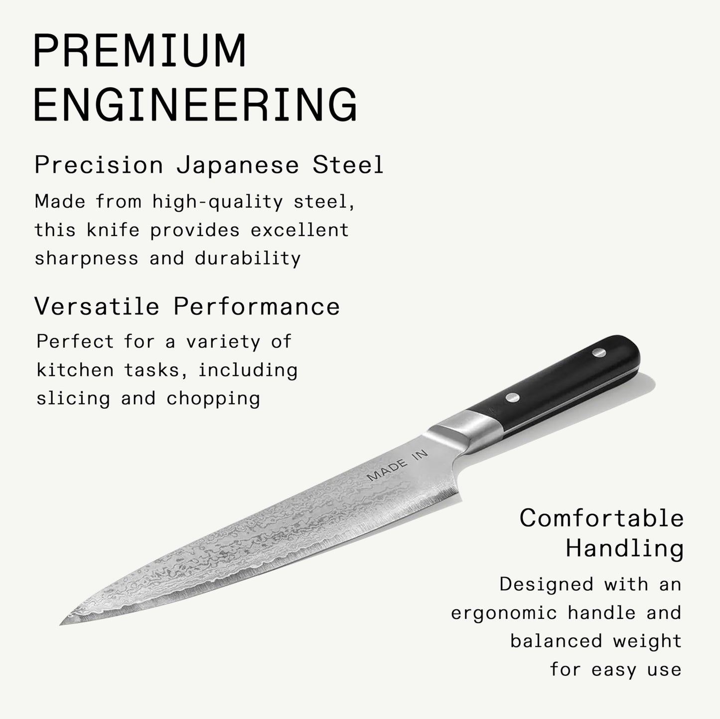 Made In Cookware | 8" Japanese Damascus Steel Gyuto (Chef Knife) | 66 Layers of Damascus Steel with a VG-10 Core | Crafted in Japan | Full Tang With Black POM Handle