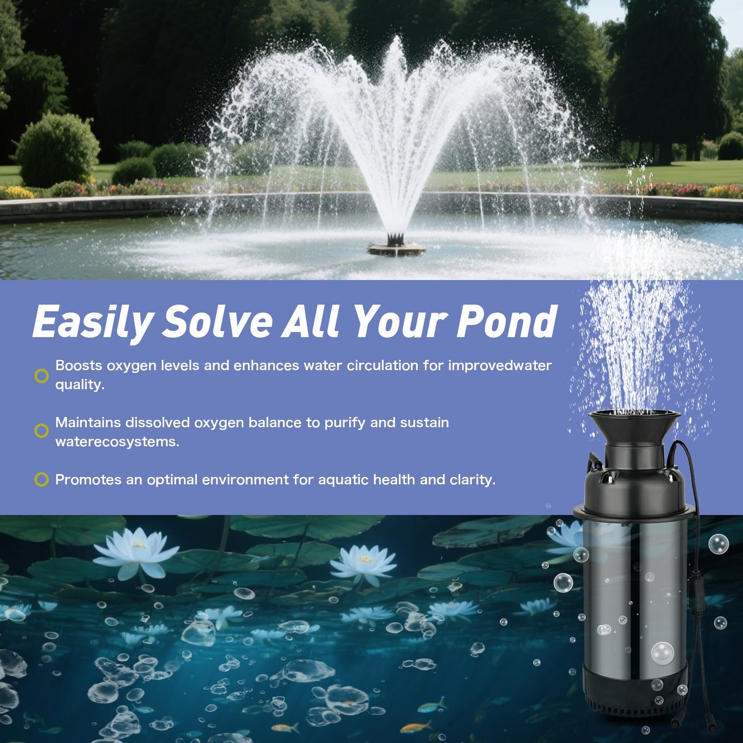 ShuDwrpu Premium LED Pond Fountain with RGB Lighting System, Stainless Steel Rotor, All-Copper Motor, Remote Control, Dynamic Color Changing, for Garden Ponds (Two Lights)