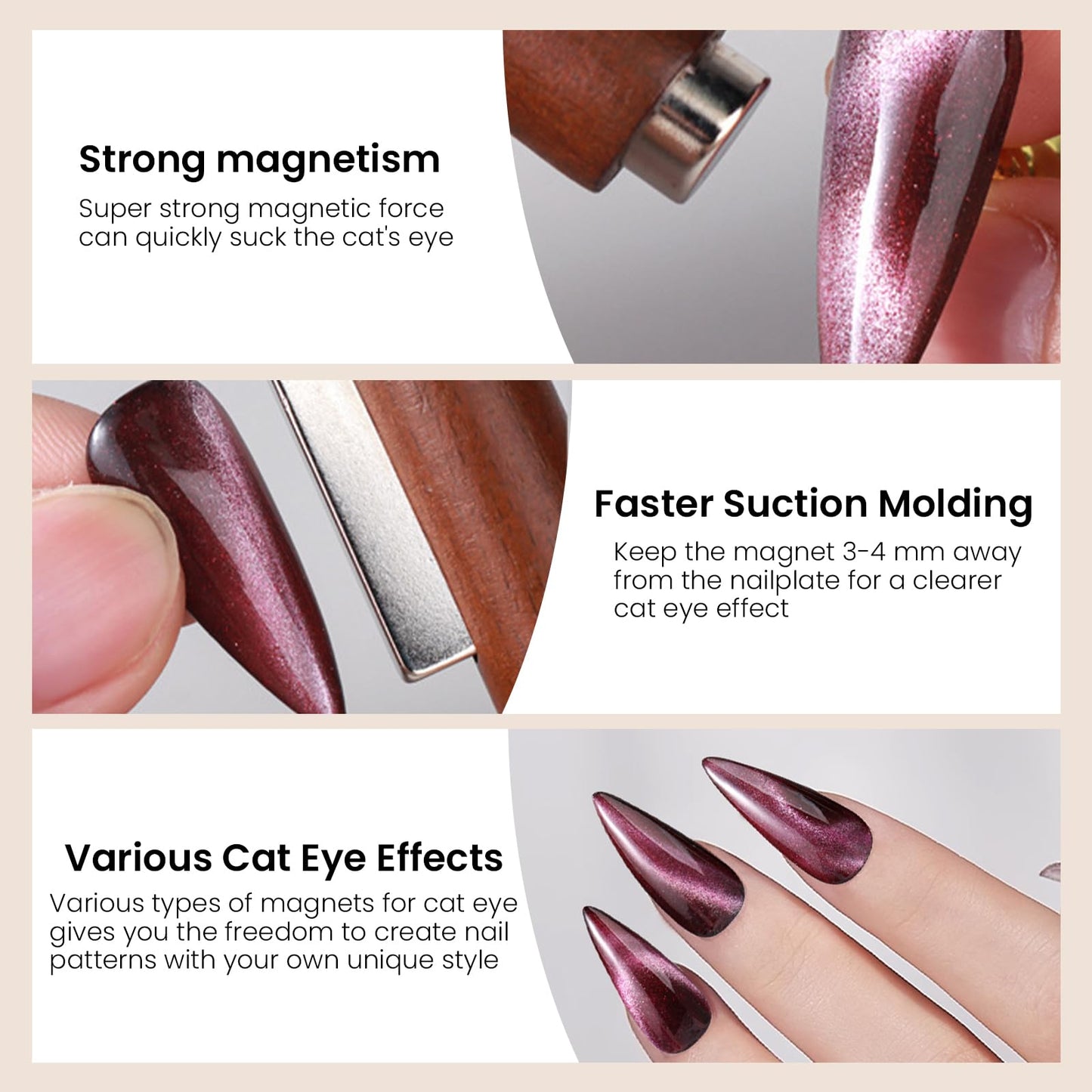 3 In 1 Nail Magnet For Cat Eye Gel Polish With Extra 1 PCS Square Magnet, 5 PCS Paper Clips For Heart Flower And Black Hole Nail Art DIY Tools Design Walnut