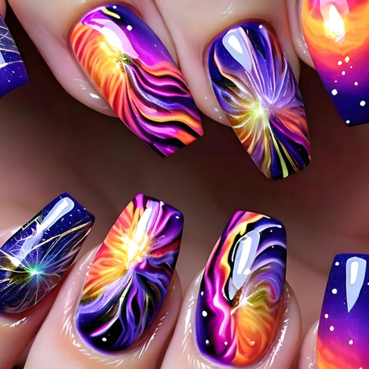 Short Coffin Press on Nails Colorful Fake Nails Firework Acrylic Nails Glossy Full Cover Nails Press ons Purple & Blue Reusable Stick on Nails for Women 24 Pcs
