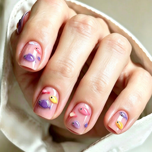 Square Press on Nails Short Fake Nails with 3D Colorful Fish Designs Nails Press ons Pink Glue on Nails Cute Artificial Nails Glossy Acrylic Nails Summer Stick on Nails for Women 24Pcs