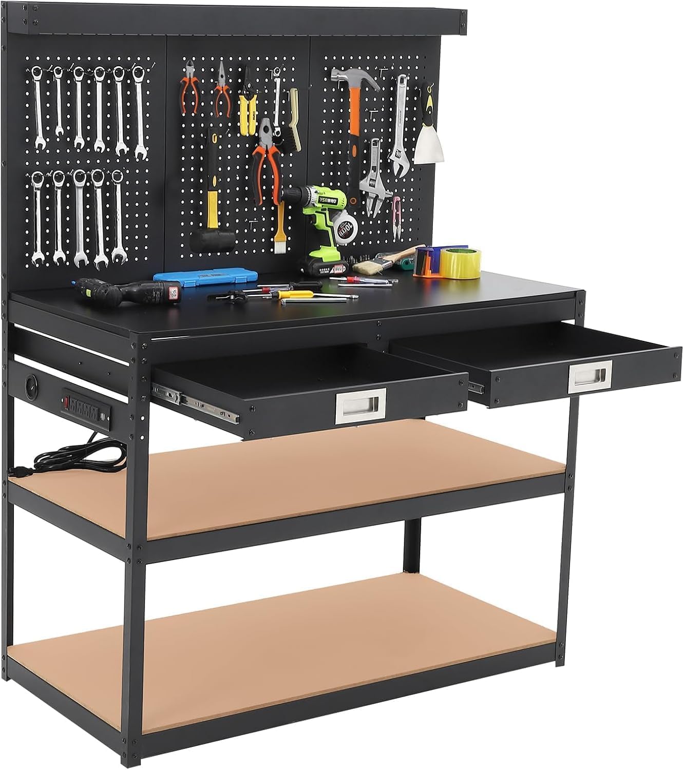 KOKEBREN 48'' 3-Tier Adjustable Workbench, Heavy Duty Workbench with Drawer and Backplate, 2000 LBS Capacity Work Table, Suitable for Office, Garage, Workshop