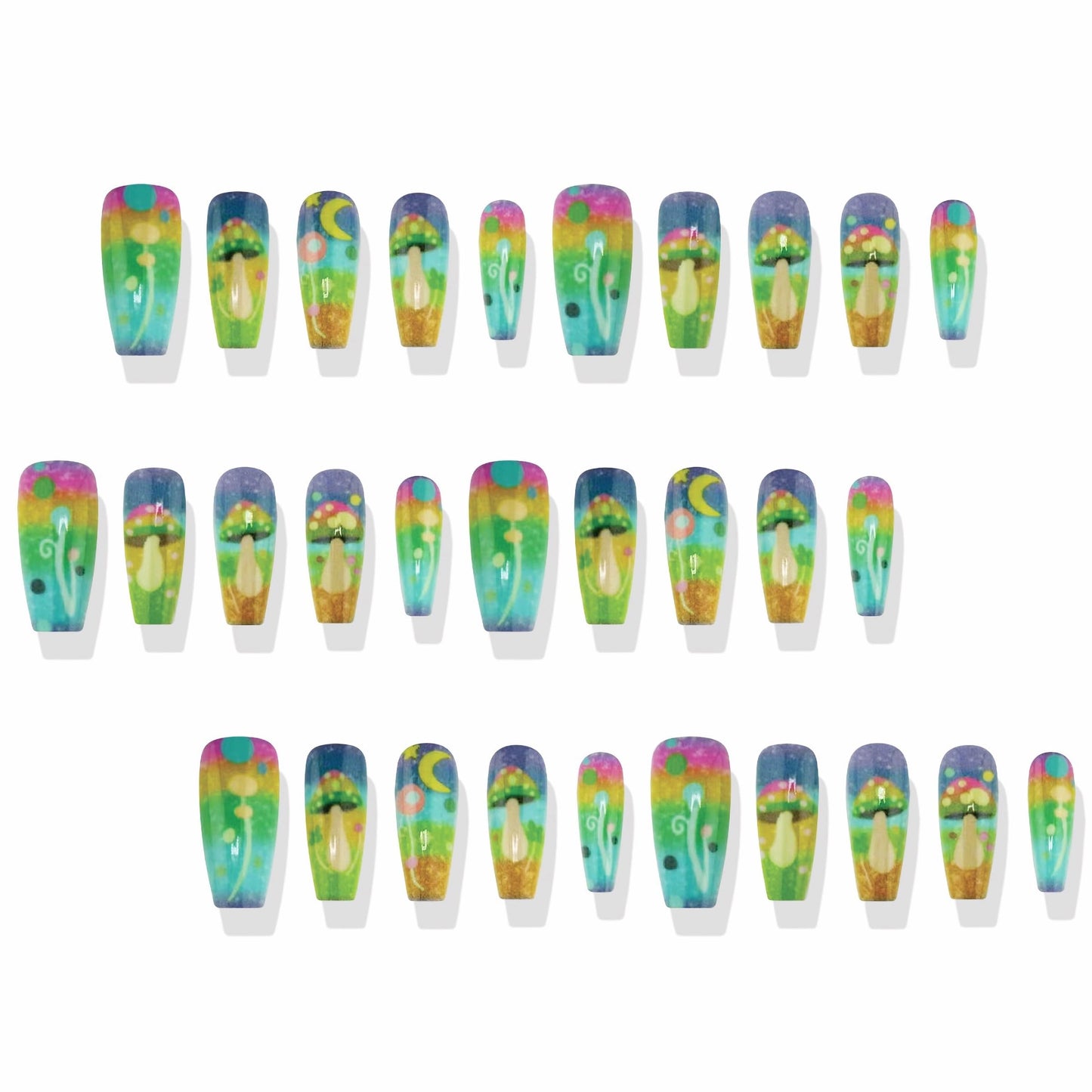 MERVF Coffin Press on Nails Long Fake Nails Colorful Glue ons Mushroom Design Cute Manicure Acrylic Neon Ballerina False Nail Supplies DIY Glossy 24pcs