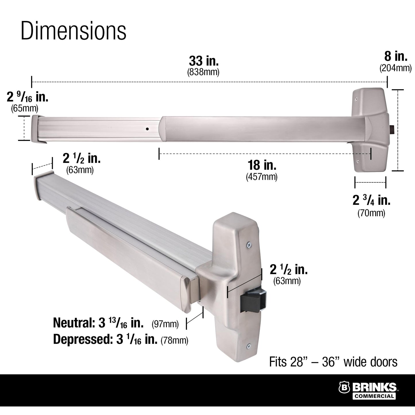 Brinks Commercial M91P Push Bar Door Exit Device and Night Latch, Panic Device, Rim exit bar, UL305 Compliant, Satin Stainless Steel