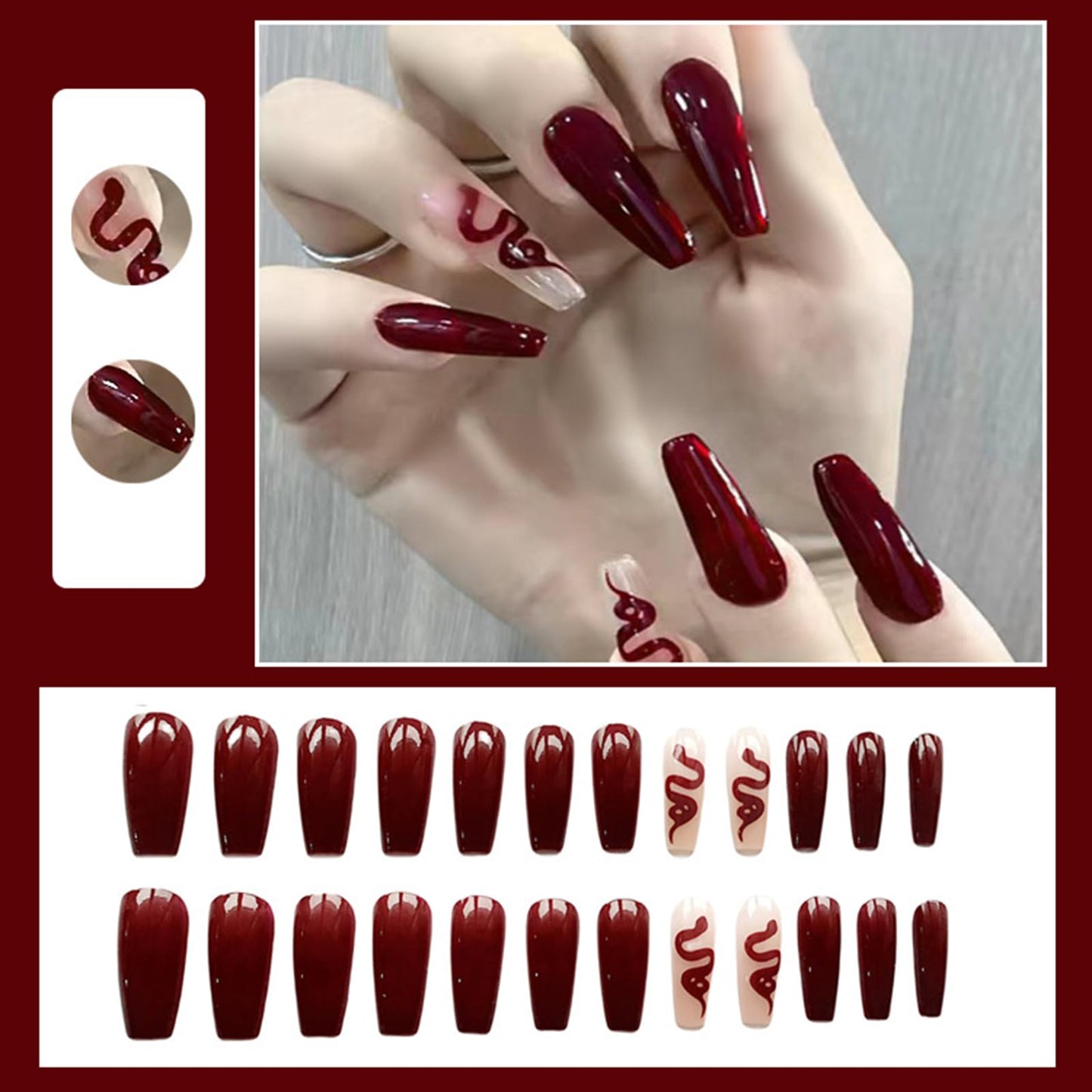 24PCS Burgundy Snake Print Press on Nails, Long Square Fake Nails Kit, Reusable Glossy Wine Red Acrylic Press On Nail False Nails for Women and Party Wear, Halloween Christmas Holiday Decorations