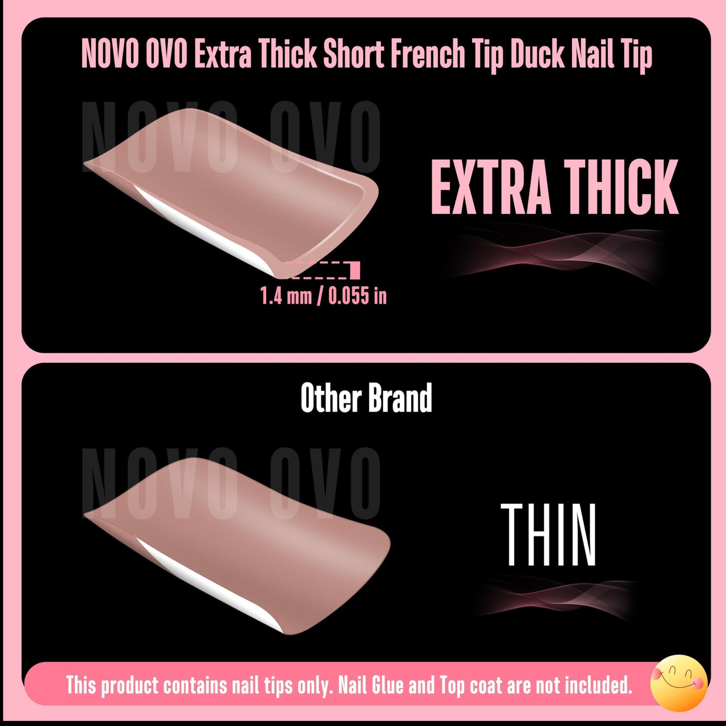NOVO OVO Short Duck Nail Tips French Tip Press On BROWN PINK, Pre-designed Soft Gel Nail Extension, Need Buider Gel Top Coat, No Glue included, Full Cover Acrylic False Nails for DIY x 12 Sizes 240 pc