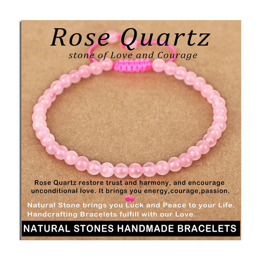 AD Beads 4mm Rose Quartz Bracelet - Stone of stone of Love and Courage - Handmade Natural Stone Crystal Bracelet with Adjustable Macrame String - Yoga Healing Power Energy Gifts for Men and Women