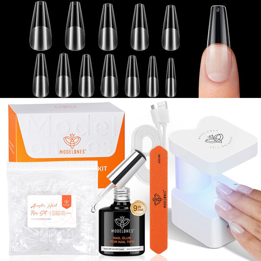 modelones X Nail Gel Kit Long Coffin, 9-in-One Nail Glue with Mini UV Light 216Pcs 12Sizes Pre-Etched Press ons Fake Acrylic Extension Kit DIY Salon Gift
