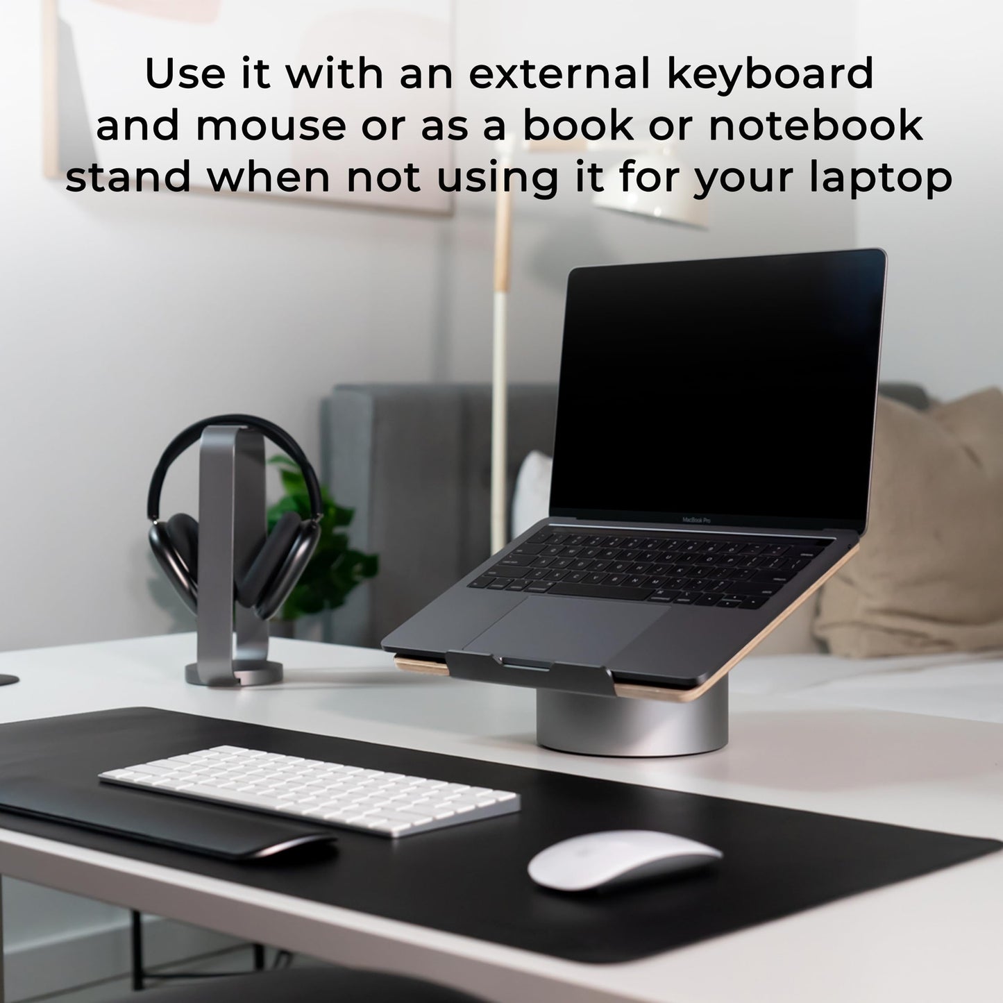 HumanCentric Laptop Riser for Desk in Black Walnut Wood Top and Space Gray Aluminum Base, Compatible with MacBook and Other Laptops Up to 16 Inches, Ergonomic Computer Holder, 25-Degree Angle Tilt