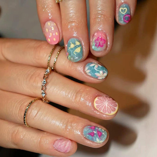 Summer Press on Nails Short Square Fake Nails with 3D Lemon Heart Flower Designs Pink Nails Press ons Blue Pink Glue on Nails Glossy False Nails Cute Stick on Nails for Women 24Pcs