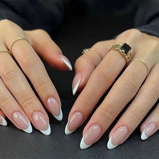 24pcs Medium Almond Press on Nails White Nail Tips Fake Nails Glossy Nude Pink False Nails Stick on Nails Full Cover Artificial Glue on Nails Acrylic Nail Kit for Women Girls DIY Manicure Salon