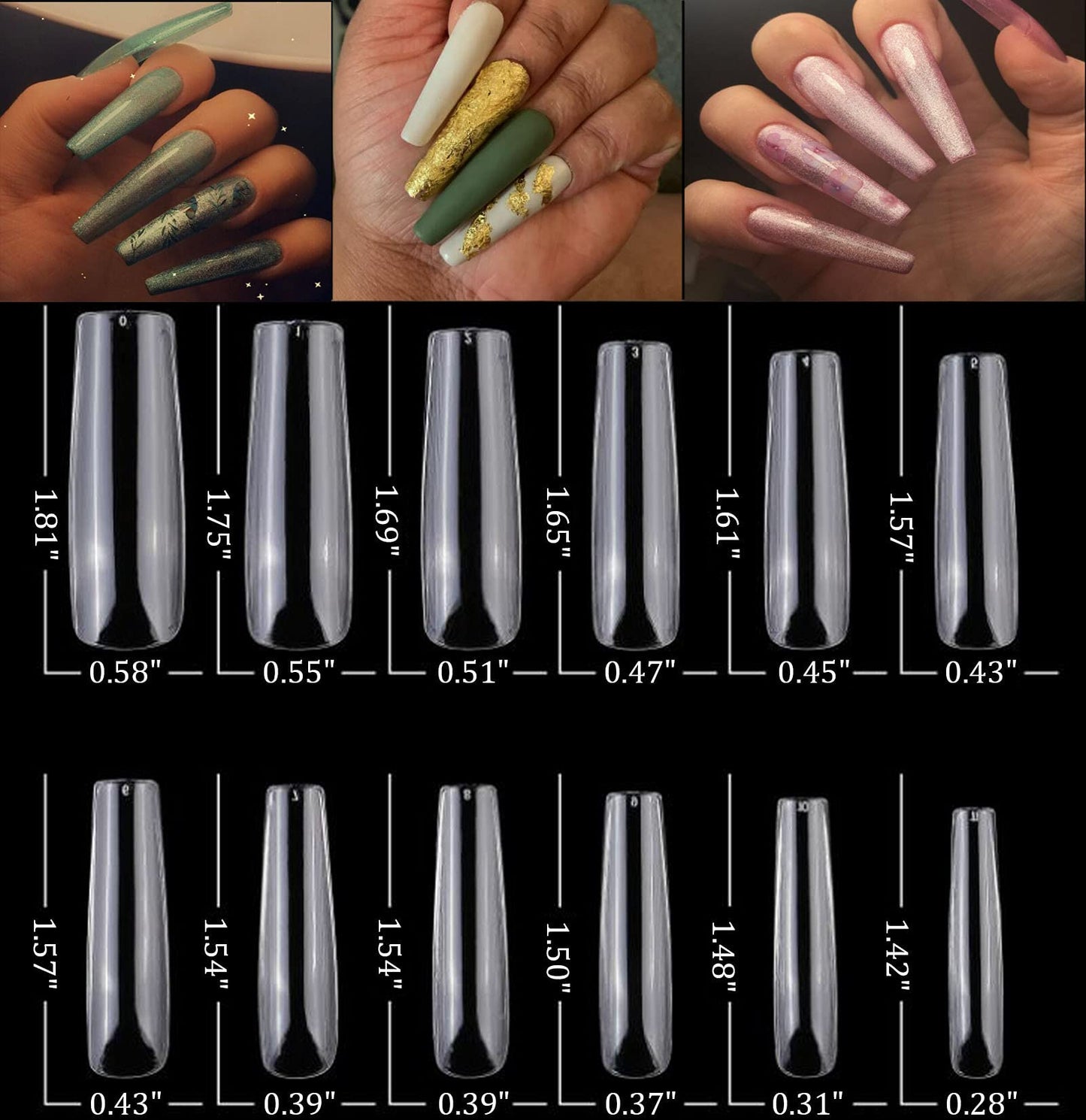 240pc XL Clear Square Acrylic Nail Tips Full Cover Extra Long Square Fake Nails Press on Nail Clear False Nails 10 Sizes Artificial Nails Tip for Gel Nail Extension Fingernails Designs