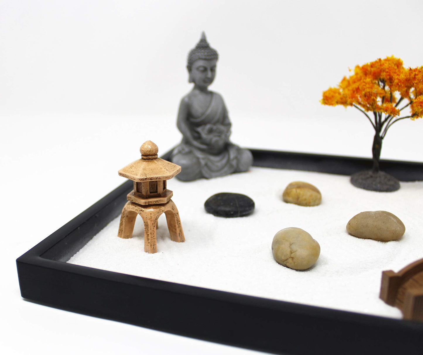Nature's Mark Mini Zen Garden Kit for Desk with Rake, White Sand, Buddha, Bridge Black Square Base, River Rocks and Mini Blossom Tree (9Lx9W A)