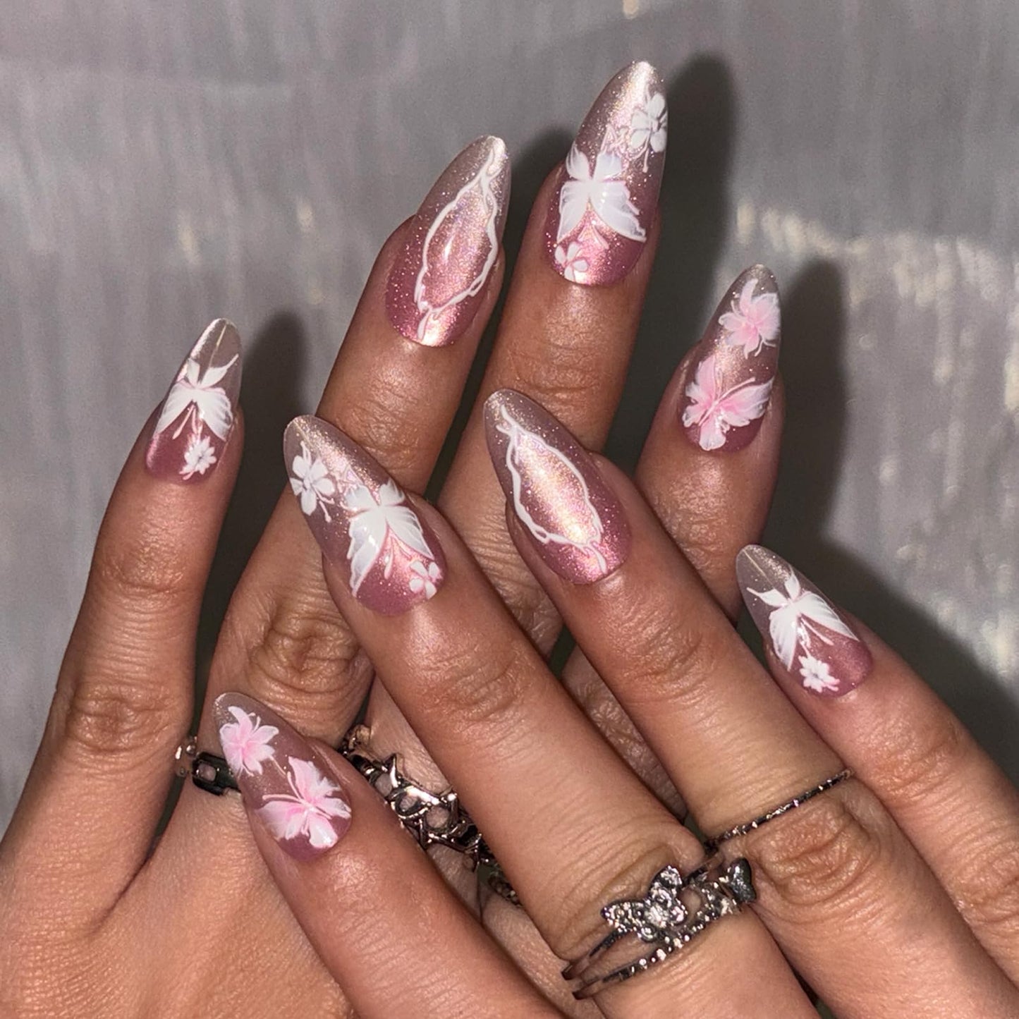 Spring Press on False Nails Pink Ombre Cat Eye Fake Nails Medium Almond Glue on Nails with Cute Butterfly Flower Designs Press ons Stick on Nail for Women Manicure 24Pcs