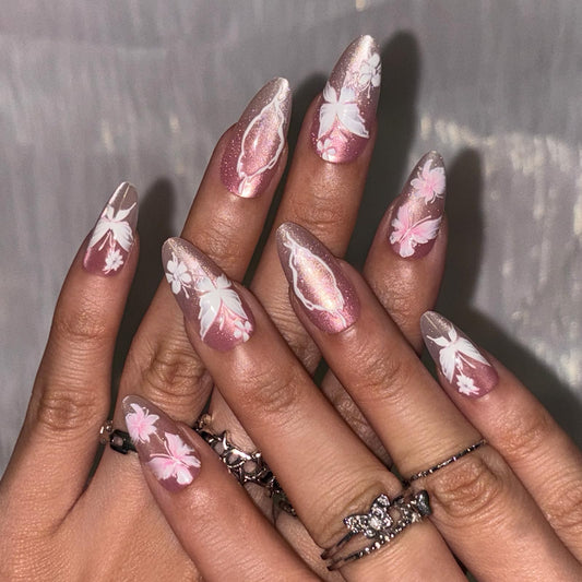 Spring Press on False Nails Pink Ombre Cat Eye Fake Nails Medium Almond Glue on Nails with Cute Butterfly Flower Designs Press ons Stick on Nail for Women Manicure 24Pcs