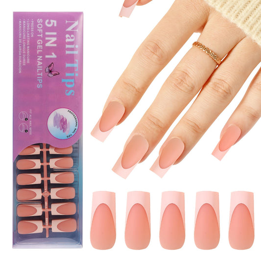 Jellyqueen French Gel Press on Fake Nail Tips, 150Pcs Long Square Nail Tips, Brown Soft Gel Tips No Need to File 3 in 1 Tips for Nail Art DIY 15 Sizes (A18-02-08)