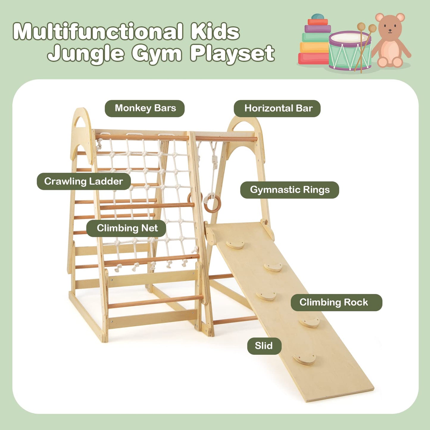 INFANS 7 in 1 Kids Indoor Playground, Wooden Montessori Climber Playset with Tent Slide Climbing Rock Climbing Net, Playground Jungle Gym Structure Climbing Toys for Toddlers Boys Girls
