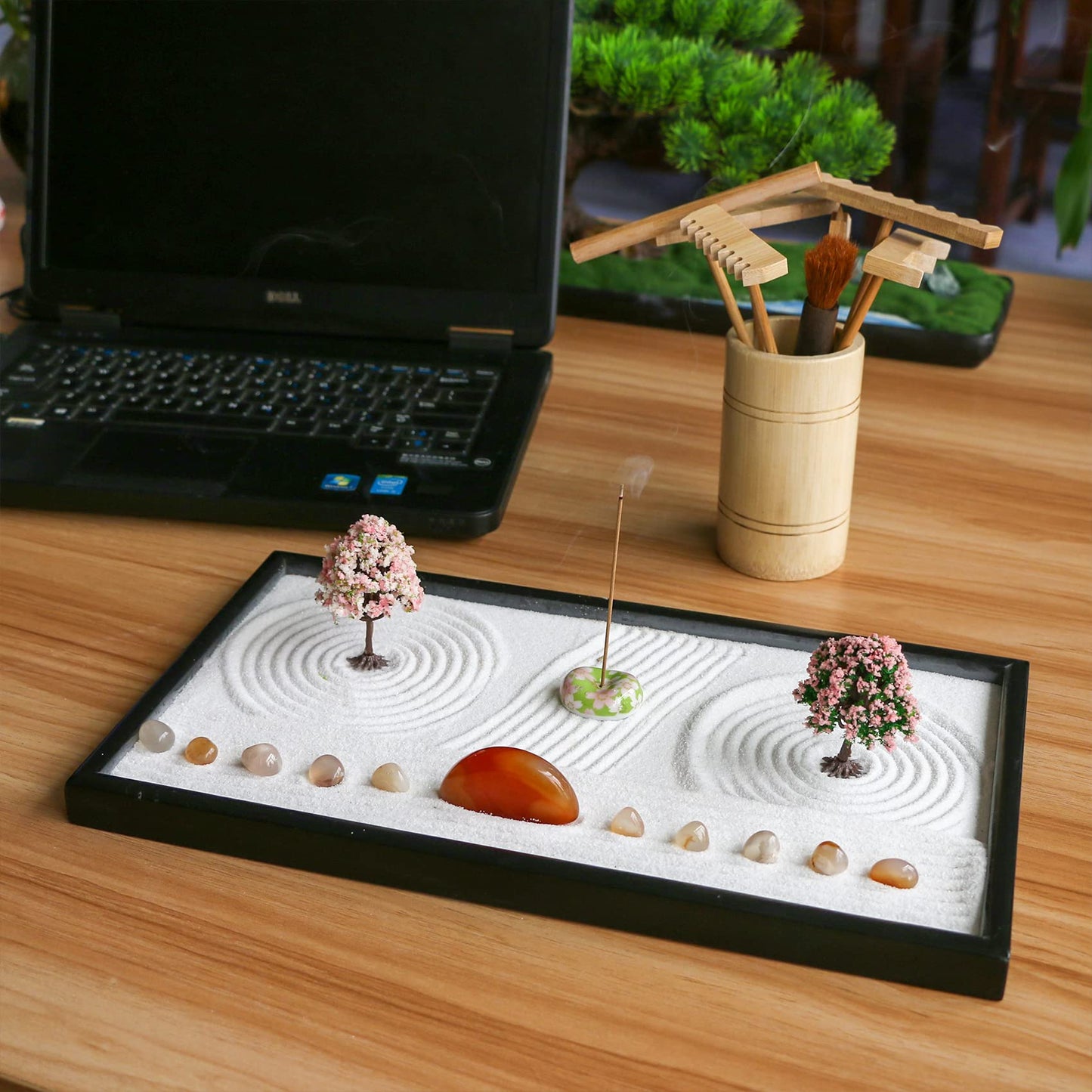 Zen Garden Rake Accessories - Miniature Tabletop Zen Garden Kits Tools w/Bamboo Rakes Holder Japanese Meditation Rock Sand Garden Kits Set for Birthday Zen Gifts Zen Room Decor