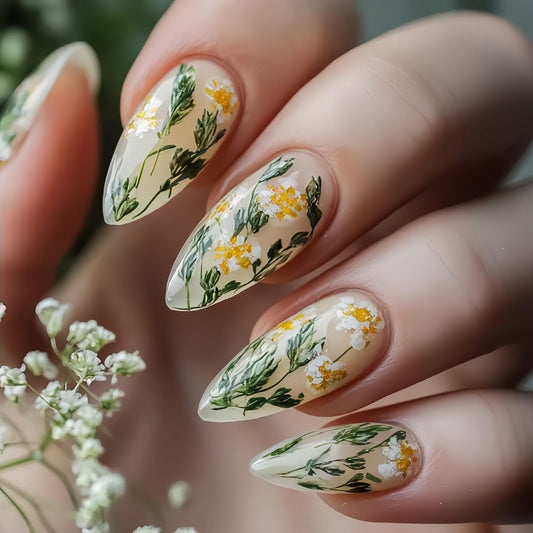 Press on Nails Medium Almond Shaped Flowers and Grass Pattern Design Acrylic Fake Nail Full Cover Glossy Artificial Fingernails Blossom Stick on Nail Press Ons Reusable Glue on Nails for Women 24Pcs