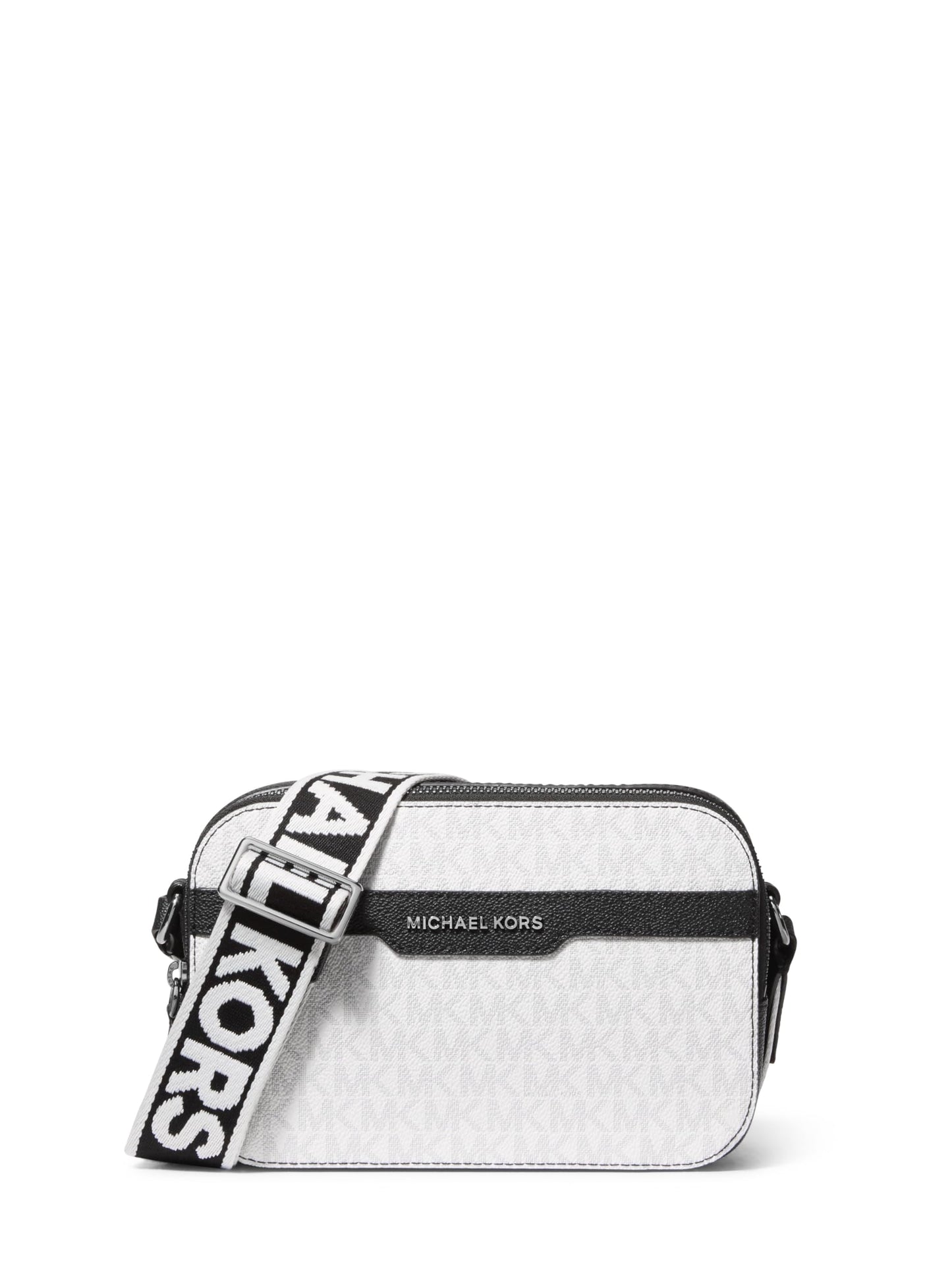 Michael Kors Hudson Double Zip Camera Bag, Light Gunmetal Hardware/Bright White Signature