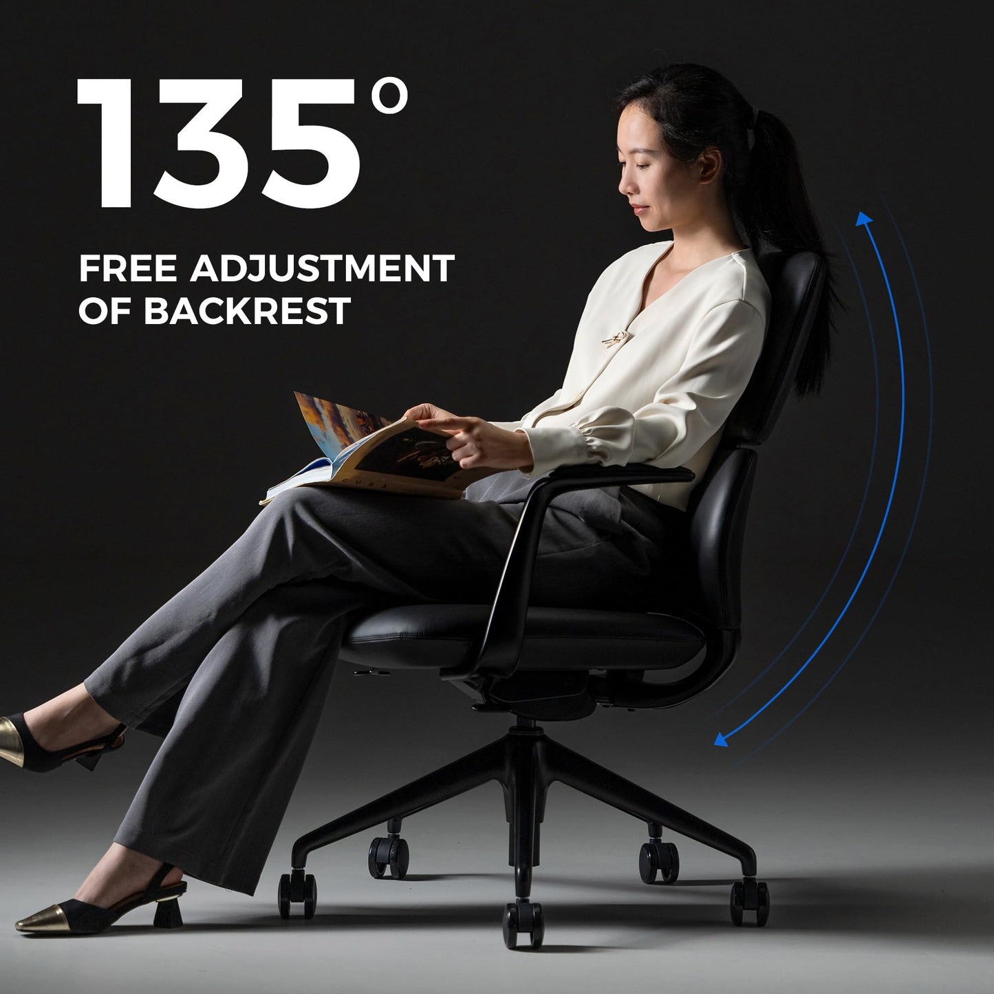 TOMU Genuine Leather Office Desk Chair with Wheels, Ergonomic Leather Executive Chair, Mid Back, Swivel Base with Adjustable Tilt, Modern Style, Luxury Aluminum Frame (Black)