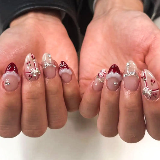 Almond Press on Nails Medium Fake Nails Red French Nails Press ons Glossy Glue on Nail with 3D Bow Pearl Rhinestones Lines Cherry Designs Nude Stick on Nails for Women 24Pcs