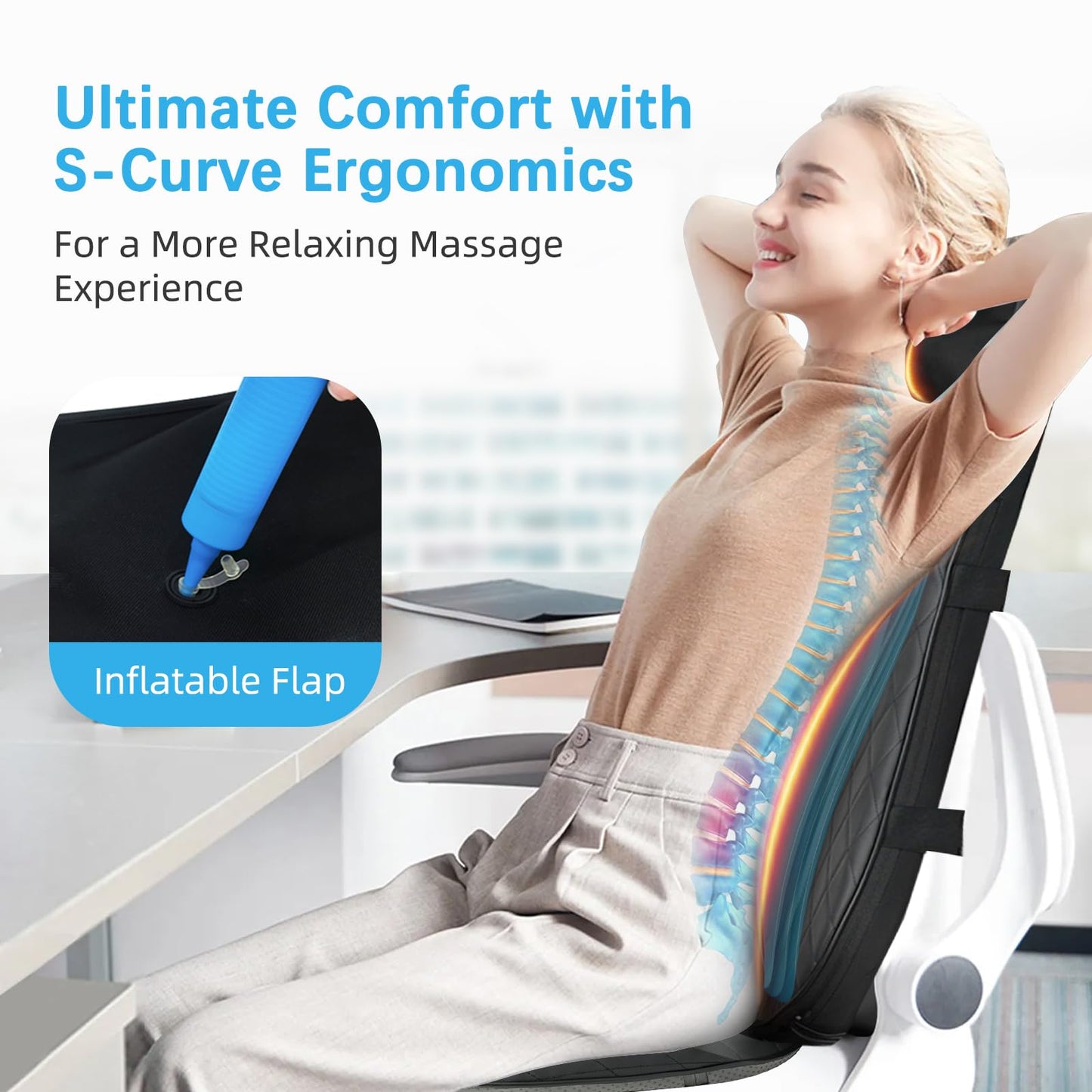 CuPiLo Shiatsu Neck & Back Massager with Heat, Massage Chair Pad Cushion for Stress Relief, Inflatable Flaps Back Support, Kneading or Rolling Chair Seat Massage,Ideal Gifts for Men,Women,Family