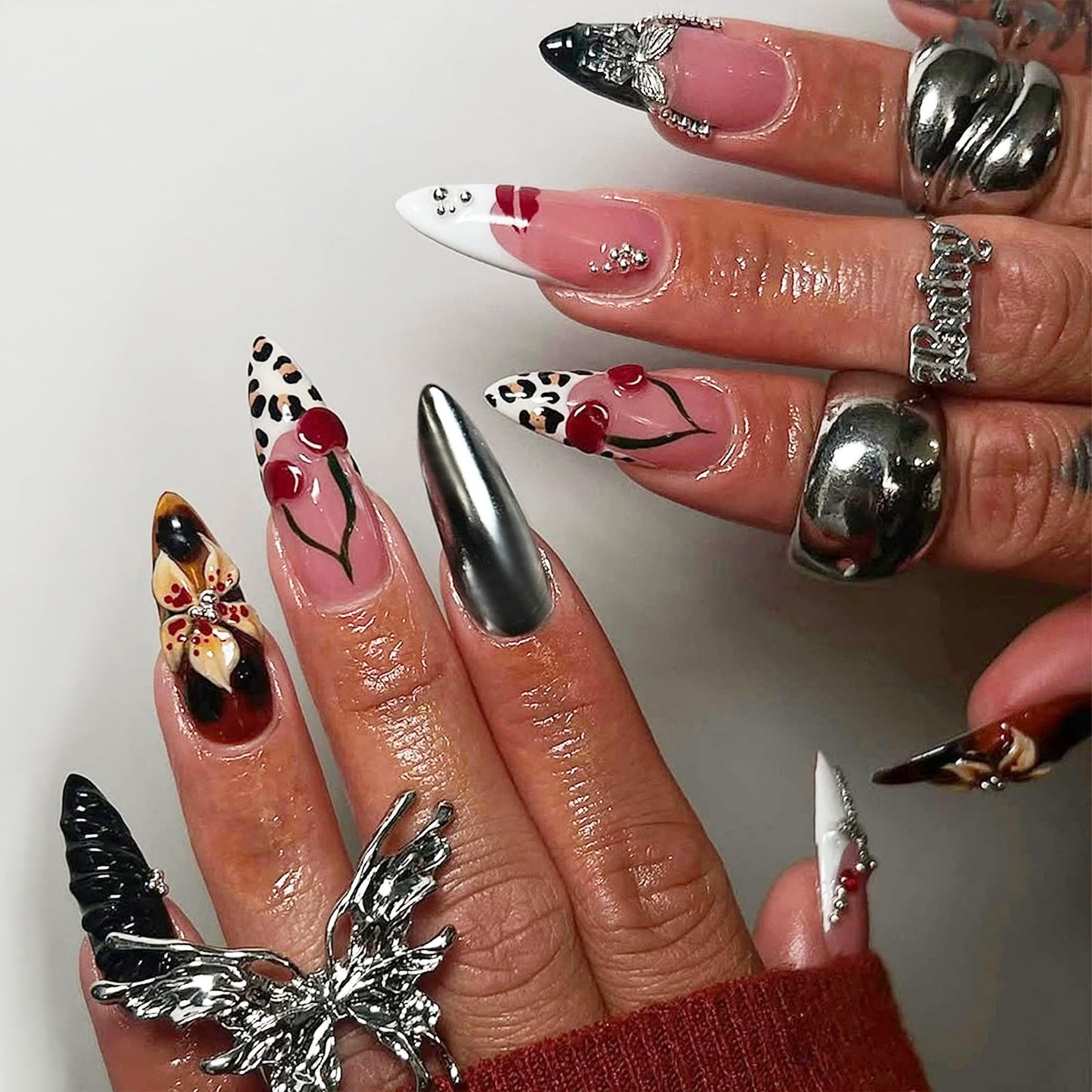 Long Almond Press on Nails for Women,Cherry & Silver Metallic,Fake Nails Artificial Stick on Nails