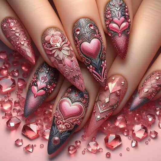 Heart Press on Nails Extra Long Artificial Acrylic Pink Multi Layered love Fake Nails Pink Rose Coffin Nails Full Cover Glossy Valentines Stick on Nail Artificial Fingernails Women Festival Manicure