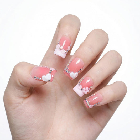 10Pcs Short Square Handmade Press On Nails | Easy Apply & Remove, Reusable Salon Quality Nails | Sweet Blush Pink Fake Nails with 3D Heart, Floral & Rhinestone Accents (O904, S)