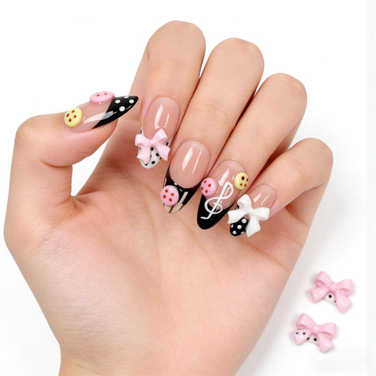 Handmade Press on Nails Almond Shape 3D Cute Glue on Nails for Women, Luxury Homemade Press on Nail Art Design, Fake Nails with 3D Nail Charms Size M 8