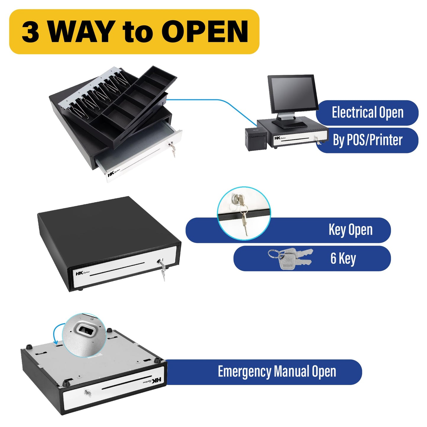 HK SYSTEMS 16" POS Cash Drawer Stainless Steel Front, Ball bearing slide, Heavy Duty POS with Removable Tray 5Bill/5Coin