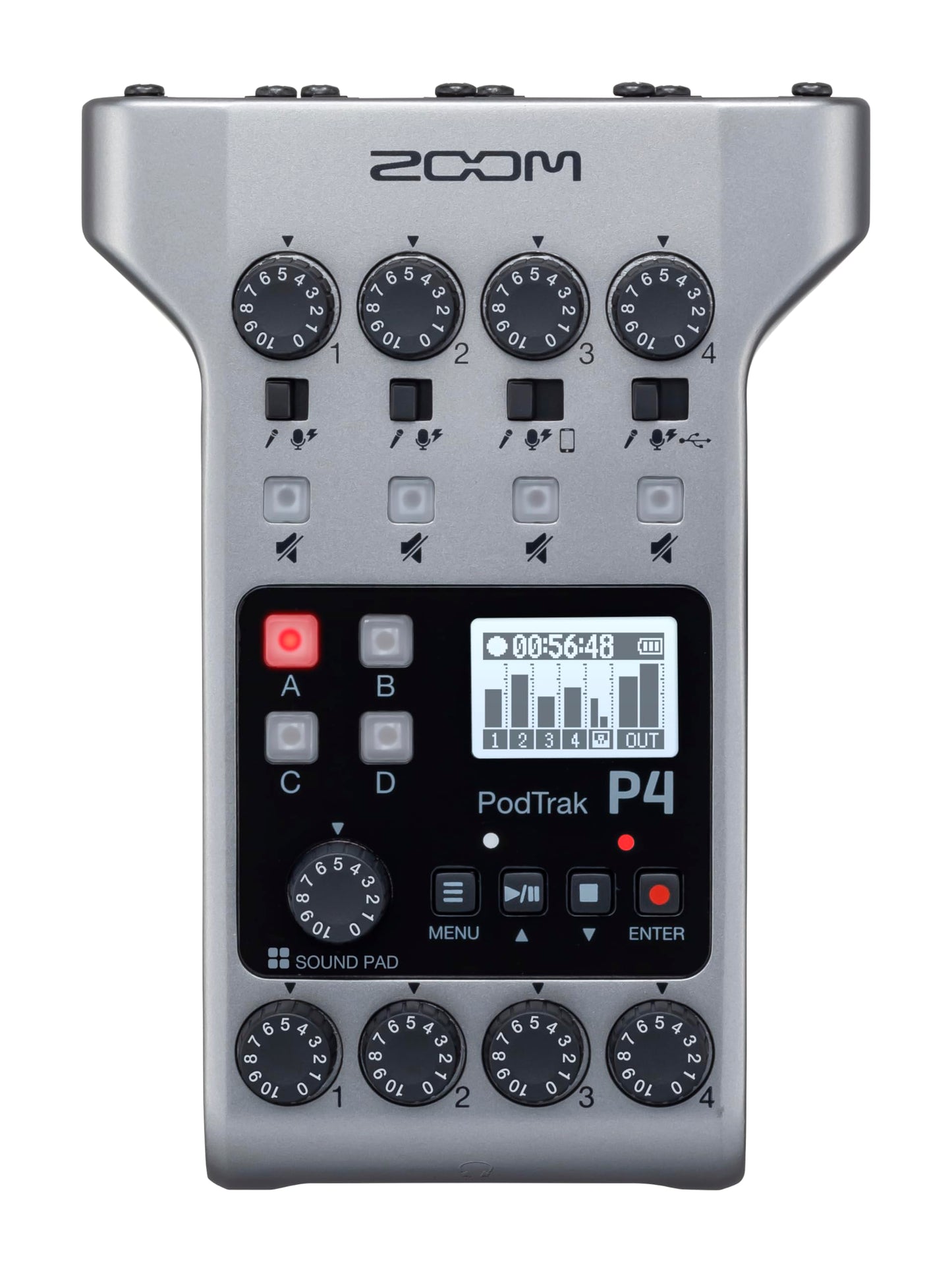 Zoom PodTrak P4 Podcast Recorder with 4 XLR Mic Inputs, 4 Headphone Outputs, Phone & USB Input for Remote Interviews, Sound Pads, 2-In/2-Out USB Audio Interface, Battery Powered