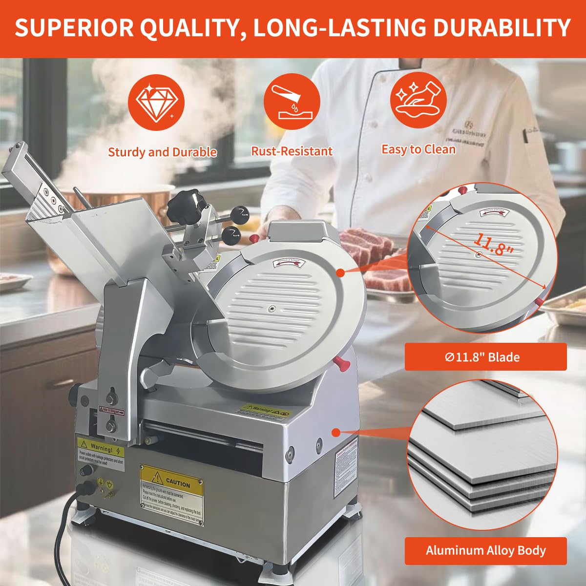 CMICE Automatic Commercial Meat Slicer, 550W Automatic Meat Slicer with 11.8" Carbon Steel Blade, Adjustable Thickness From 0～6 mm Suitable for Commercial/Home Use