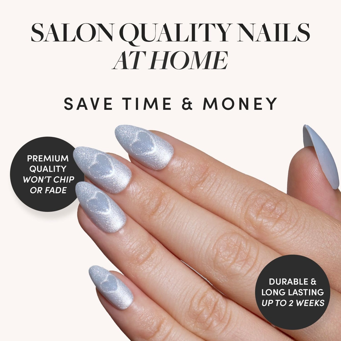Glamnetic Press On Nails - Cold Hearted | Short Almond Fake Nails with Heart Accent and Pale Blue Velvet Finish, Salon Quality | 15 Sizes - 30 Nail Kit with Glue