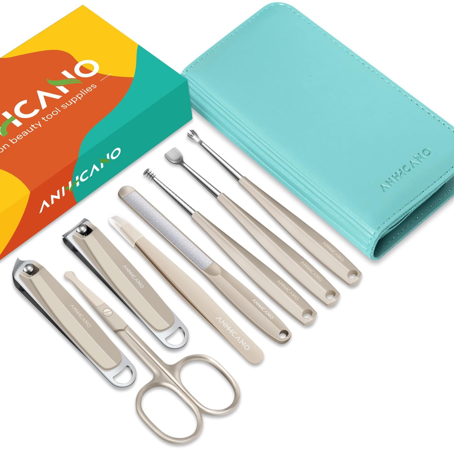 Manicure & Pedicure Kit for Men & Women, ANIHICANO 8-in-1 Premium Stainless Steel Personal Care Tools Set with PU Leather Case, Travel-Friendly for Home & Professional Use (Champagne)